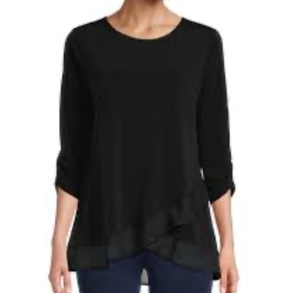 Allison Daley Tunic Top 1X Black 3/4 Sleeve Sheer Ruffle Hem Stretch